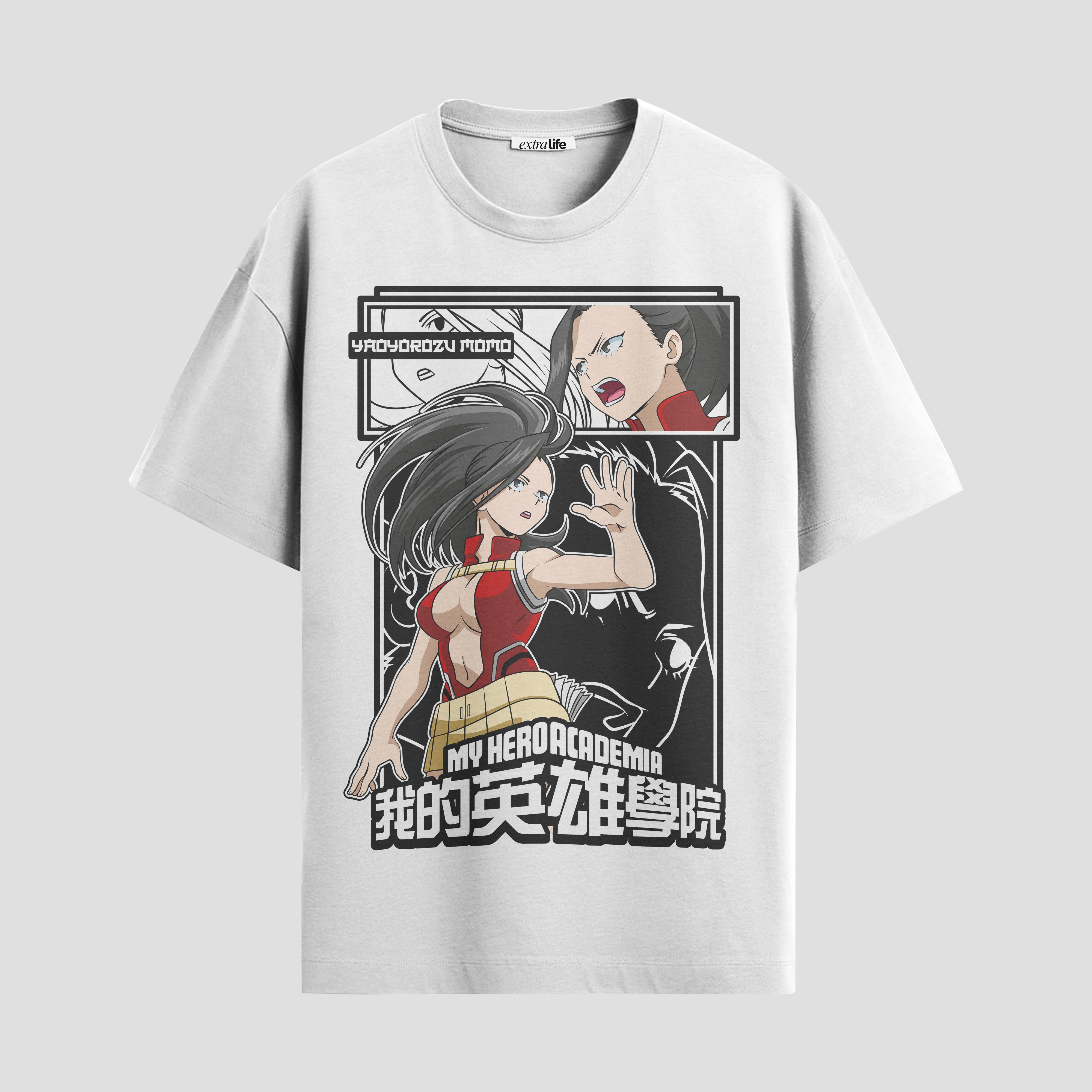Playera urbana de anime y gaming ExtraLife MX, corte Standard Fit unisex ligero y transpirable en color Deep Black y Pure White, ropa de uso diario para gym y casual.