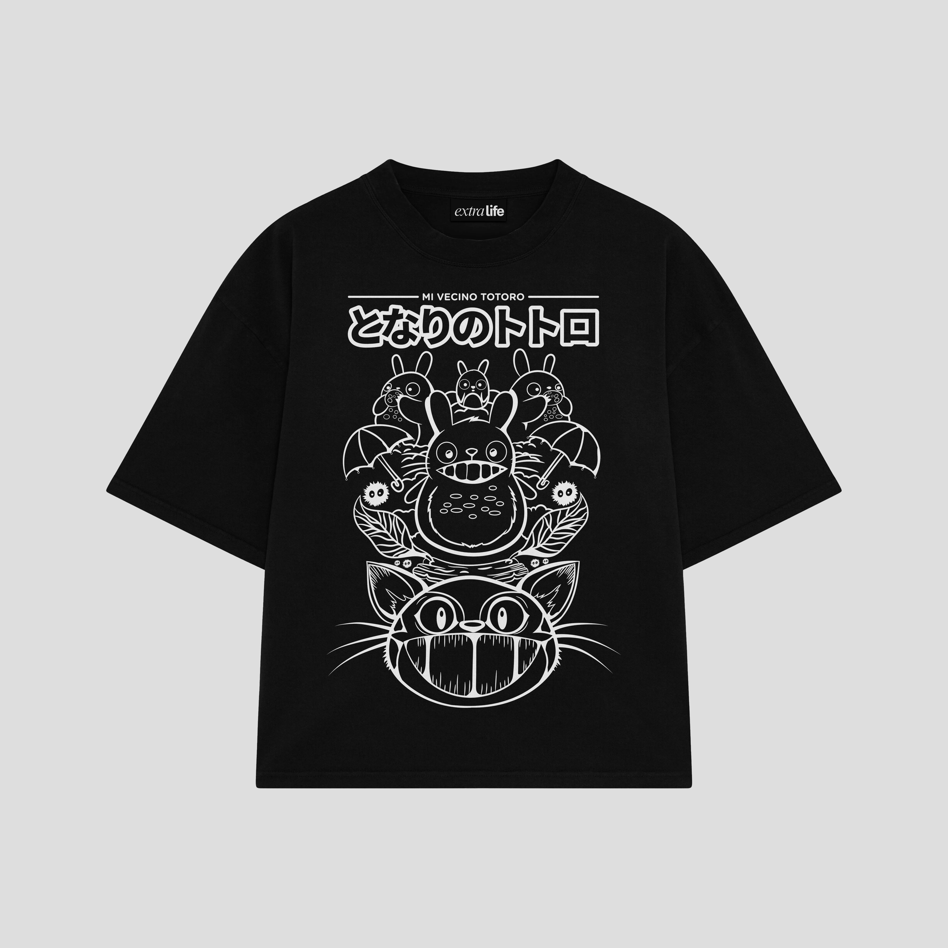 Playera streetwear premium de anime y gaming ExtraLife MX, corte boxy oversized drop shoulder heavyweight en color Deep Black y Off-White, moda urbana mexicana de culto.
