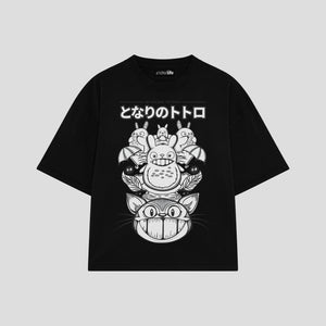 Playera streetwear premium de anime y gaming ExtraLife MX, corte boxy oversized drop shoulder heavyweight en color Deep Black y Off-White, moda urbana mexicana de culto.