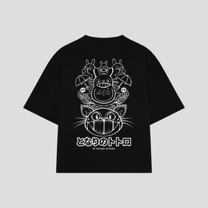 Playera streetwear premium de anime y gaming ExtraLife MX, corte boxy oversized drop shoulder heavyweight en color Deep Black y Off-White, moda urbana mexicana de culto.