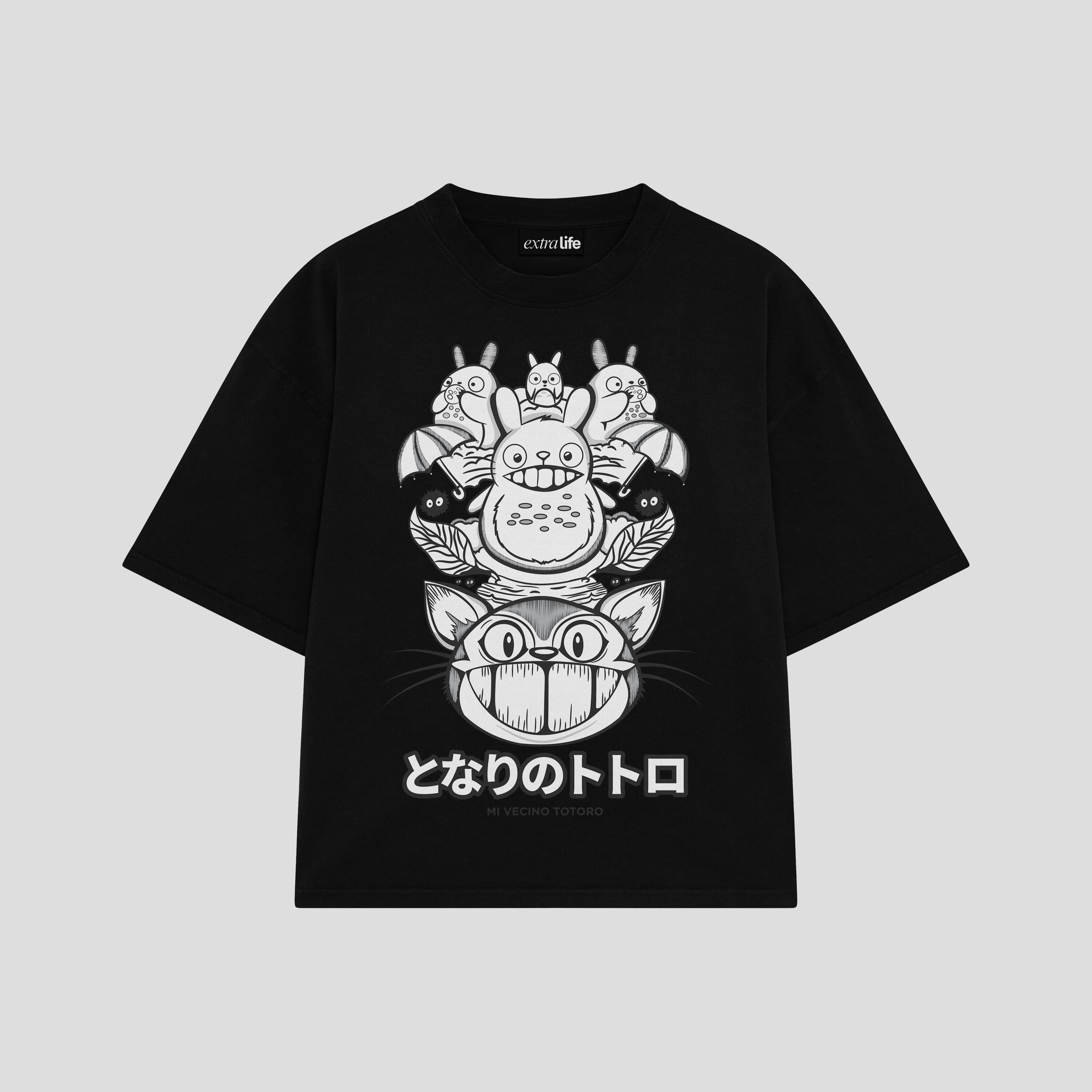Playera streetwear premium de anime y gaming ExtraLife MX, corte boxy oversized drop shoulder heavyweight en color Deep Black y Off-White, moda urbana mexicana de culto.