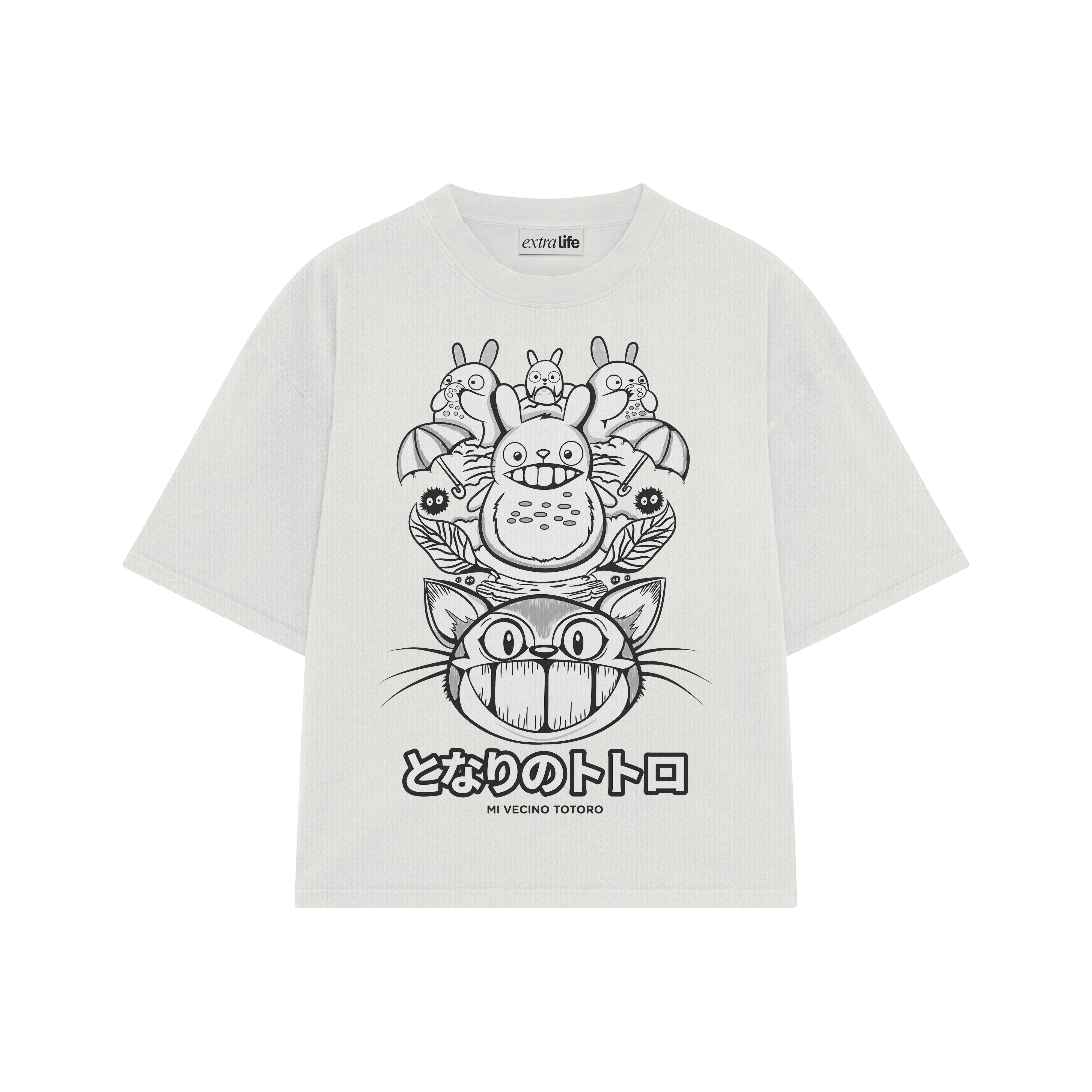 Playera streetwear premium de anime y gaming ExtraLife MX, corte boxy oversized drop shoulder heavyweight en color Deep Black y Off-White, moda urbana mexicana de culto.