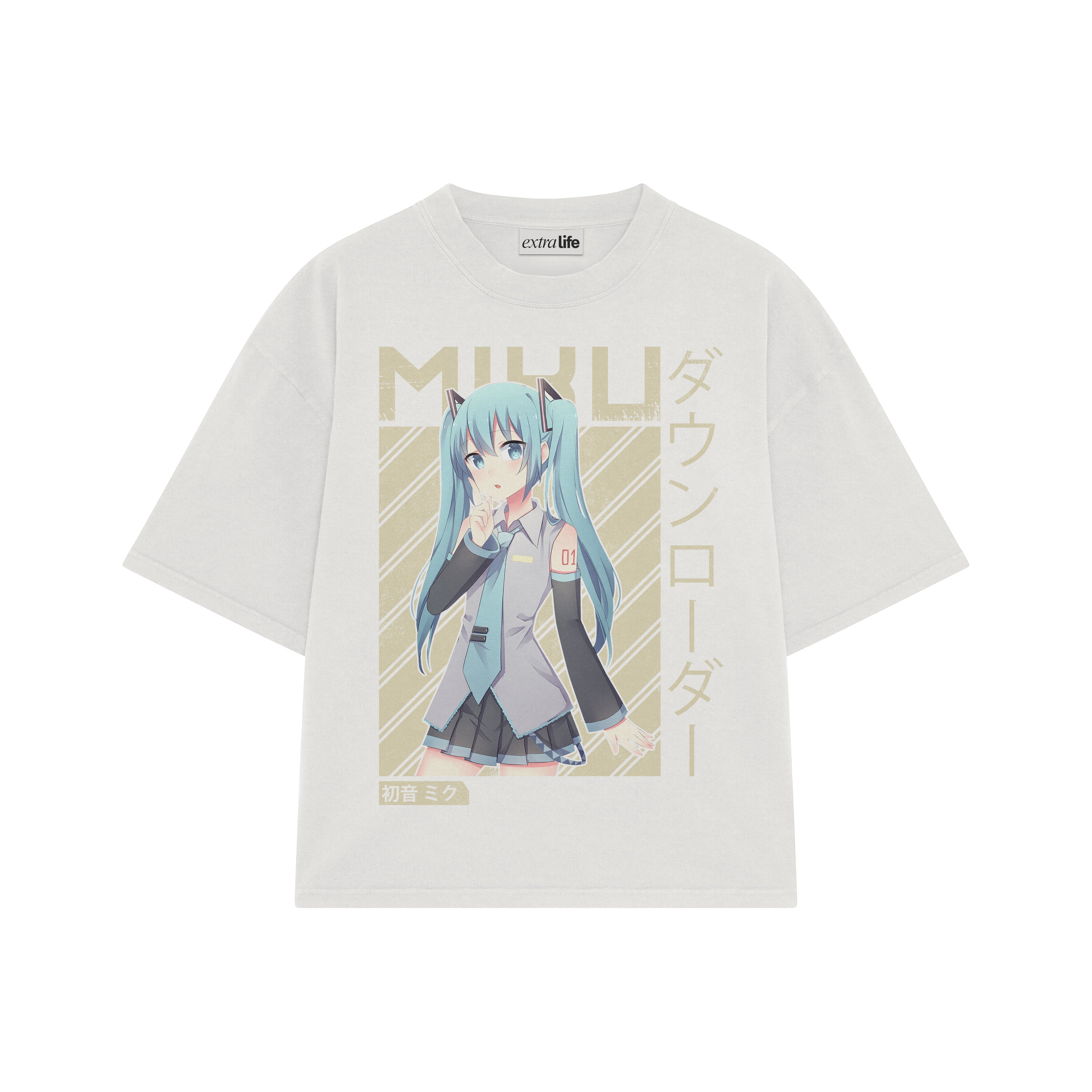 Playera streetwear premium de anime y gaming ExtraLife MX, corte boxy oversized drop shoulder heavyweight en color Deep Black y Off-White, moda urbana mexicana de culto.