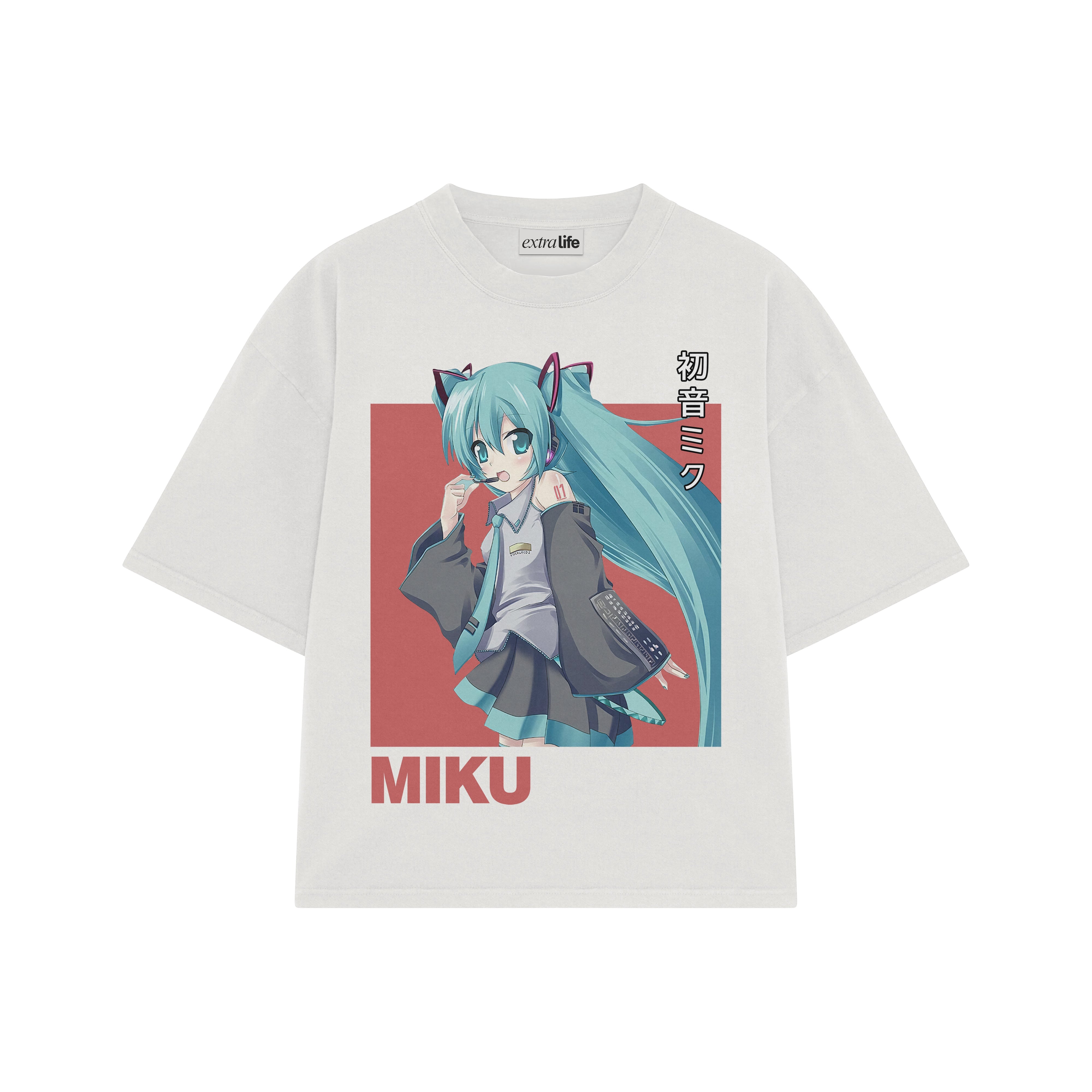 Playera streetwear premium de anime y gaming ExtraLife MX, corte boxy oversized drop shoulder heavyweight en color Deep Black y Off-White, moda urbana mexicana de culto.