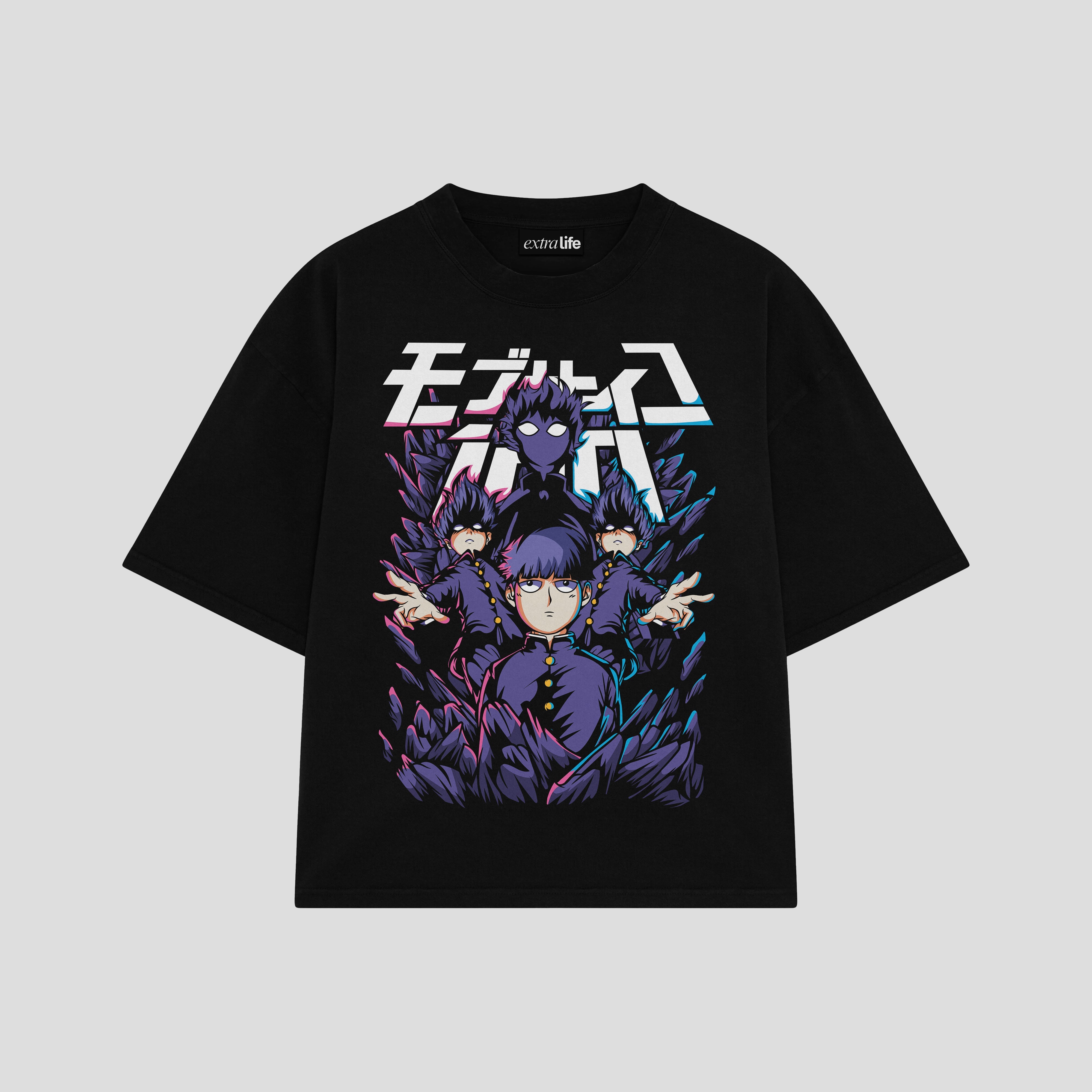 Playera streetwear premium de anime y gaming ExtraLife MX, corte boxy oversized drop shoulder heavyweight en color Deep Black y Off-White, moda urbana mexicana de culto.