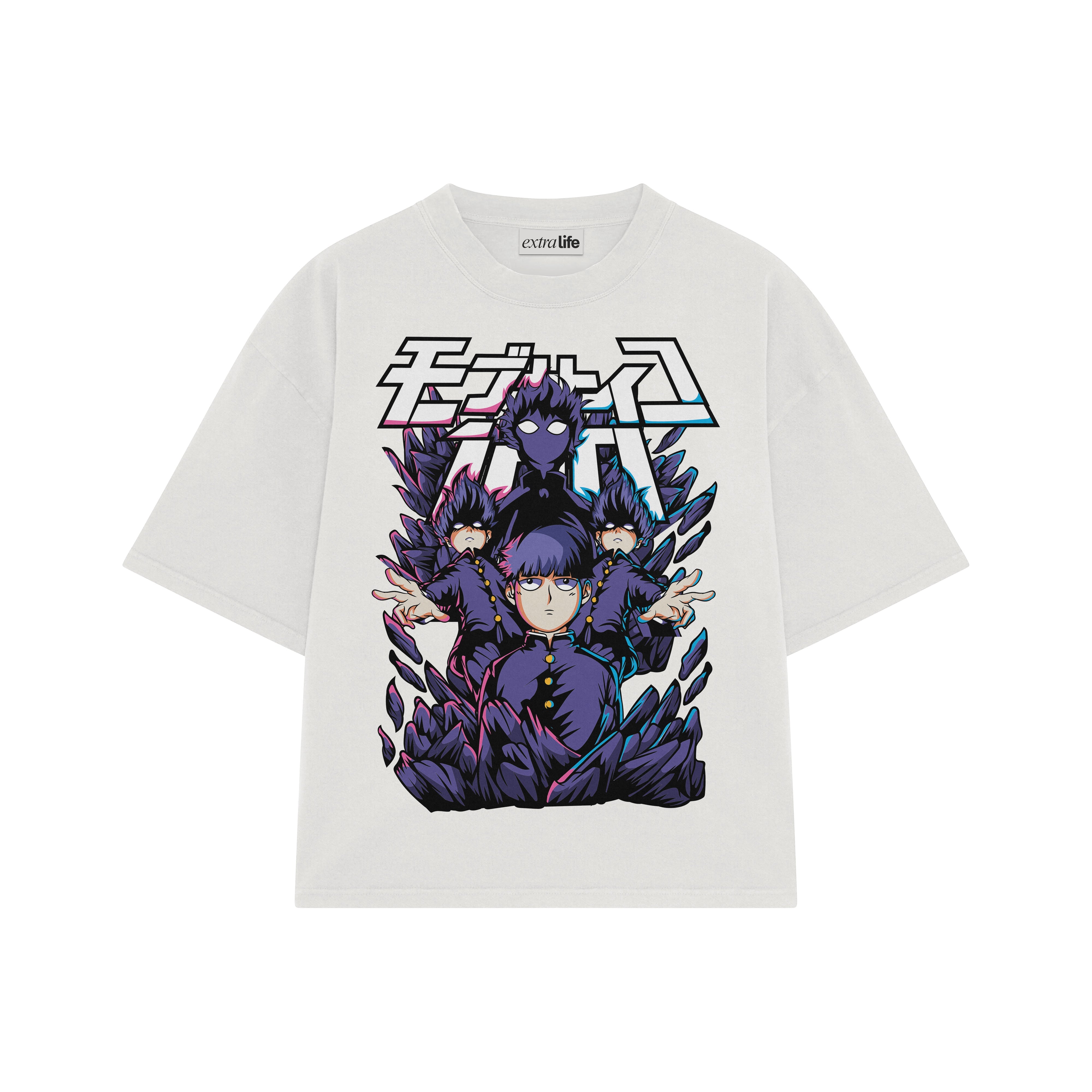 Playera streetwear premium de anime y gaming ExtraLife MX, corte boxy oversized drop shoulder heavyweight en color Deep Black y Off-White, moda urbana mexicana de culto.