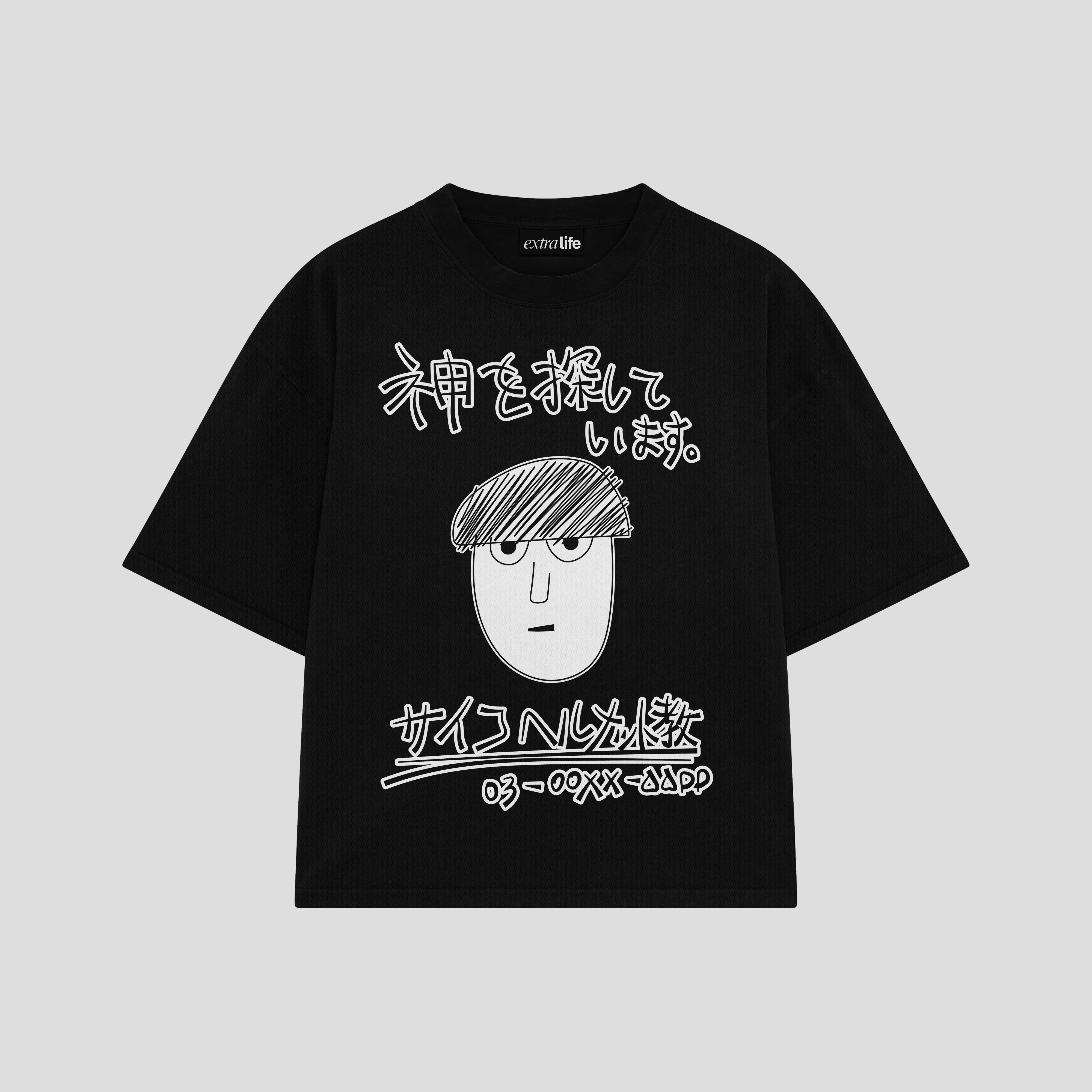 Playera streetwear premium de anime y gaming ExtraLife MX, corte boxy oversized drop shoulder heavyweight en color Deep Black y Off-White, moda urbana mexicana de culto.