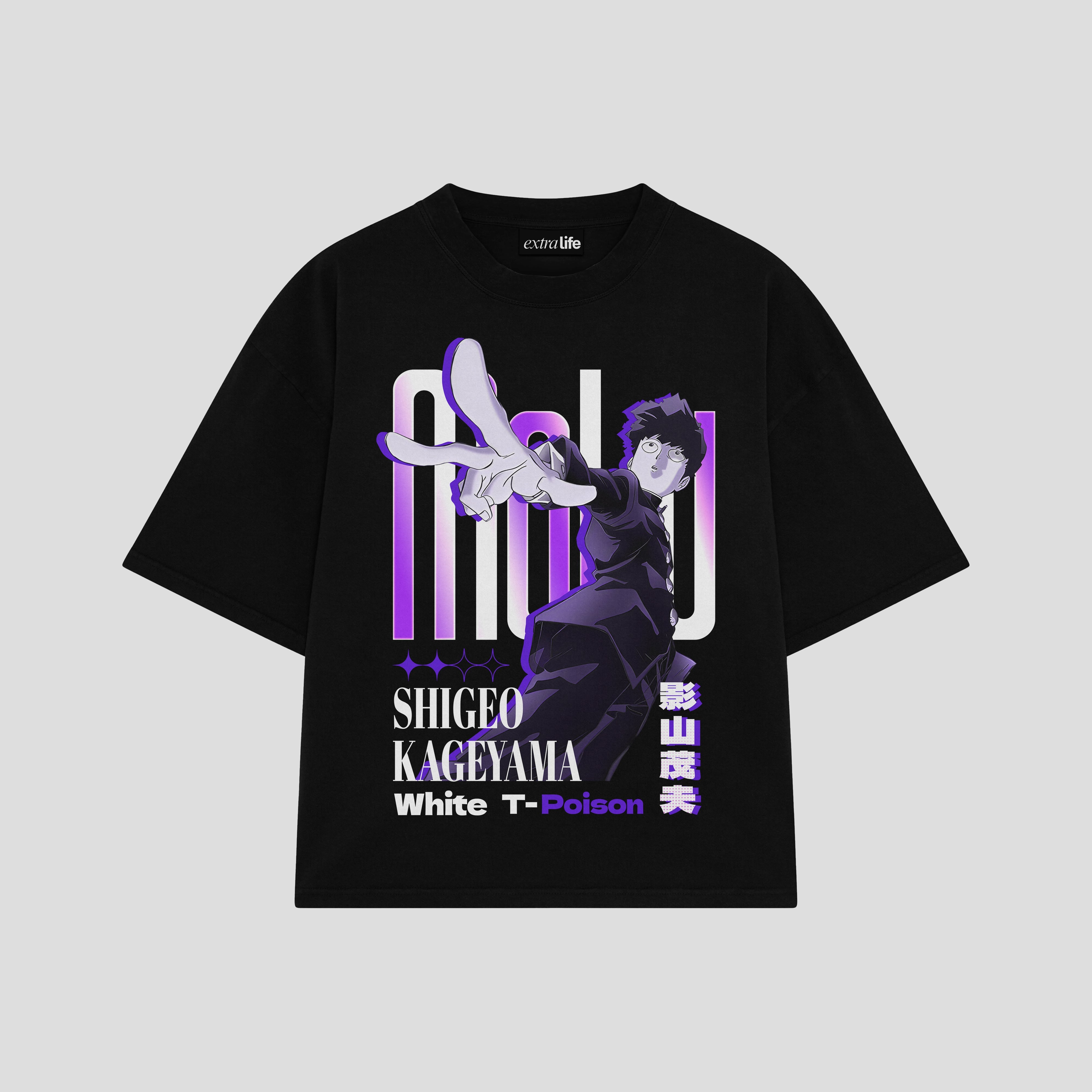 Playera streetwear premium de anime y gaming ExtraLife MX, corte boxy oversized drop shoulder heavyweight en color Deep Black y Off-White, moda urbana mexicana de culto.