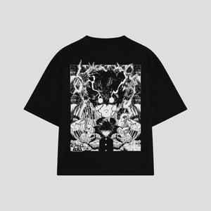 Playera streetwear premium de anime y gaming ExtraLife MX, corte boxy oversized drop shoulder heavyweight en color Deep Black y Off-White, moda urbana mexicana de culto.