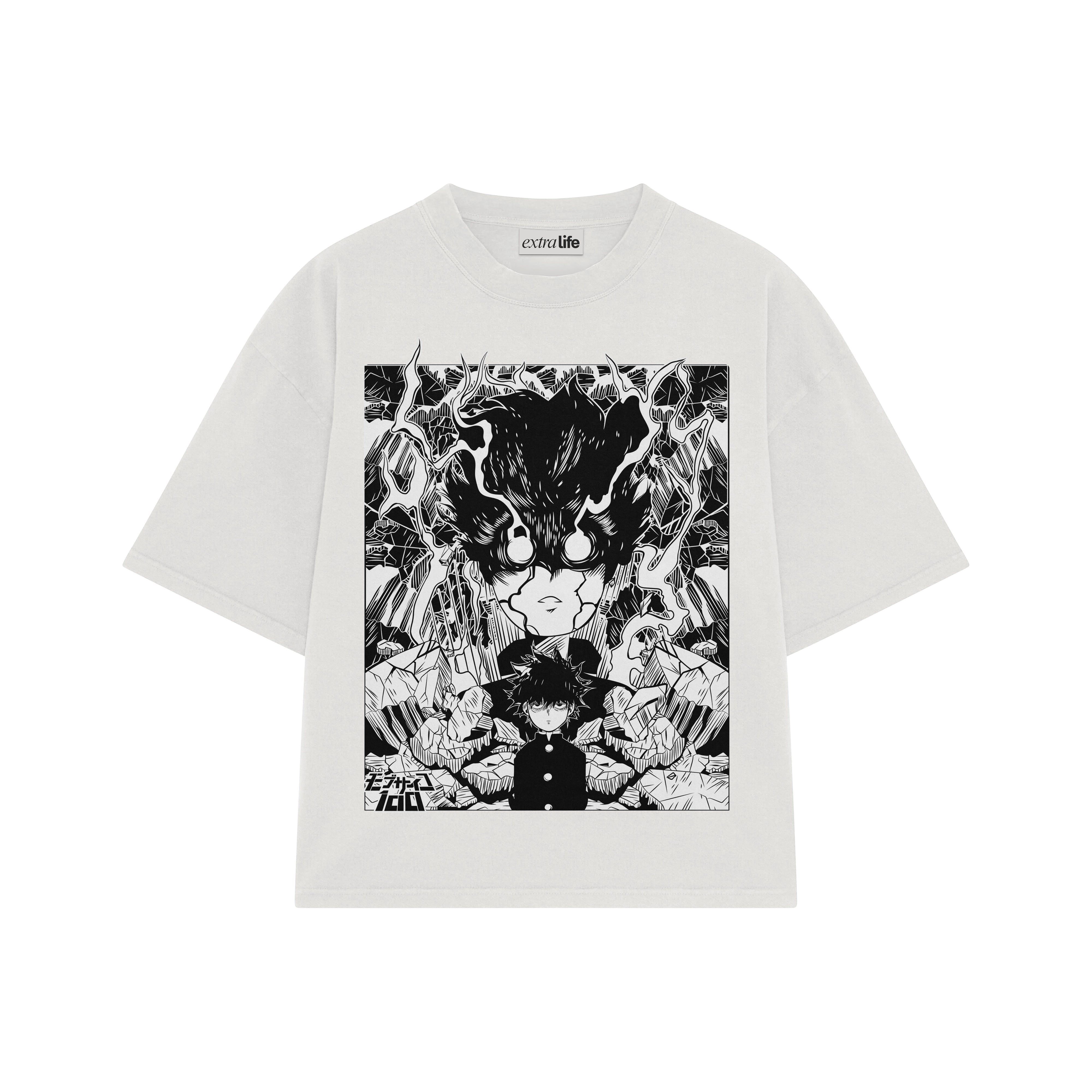 Playera streetwear premium de anime y gaming ExtraLife MX, corte boxy oversized drop shoulder heavyweight en color Deep Black y Off-White, moda urbana mexicana de culto.