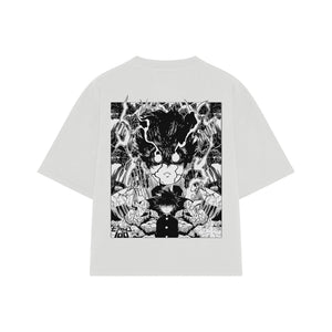 Playera streetwear premium de anime y gaming ExtraLife MX, corte boxy oversized drop shoulder heavyweight en color Deep Black y Off-White, moda urbana mexicana de culto.