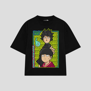 Playera streetwear premium de anime y gaming ExtraLife MX, corte boxy oversized drop shoulder heavyweight en color Deep Black y Off-White, moda urbana mexicana de culto.