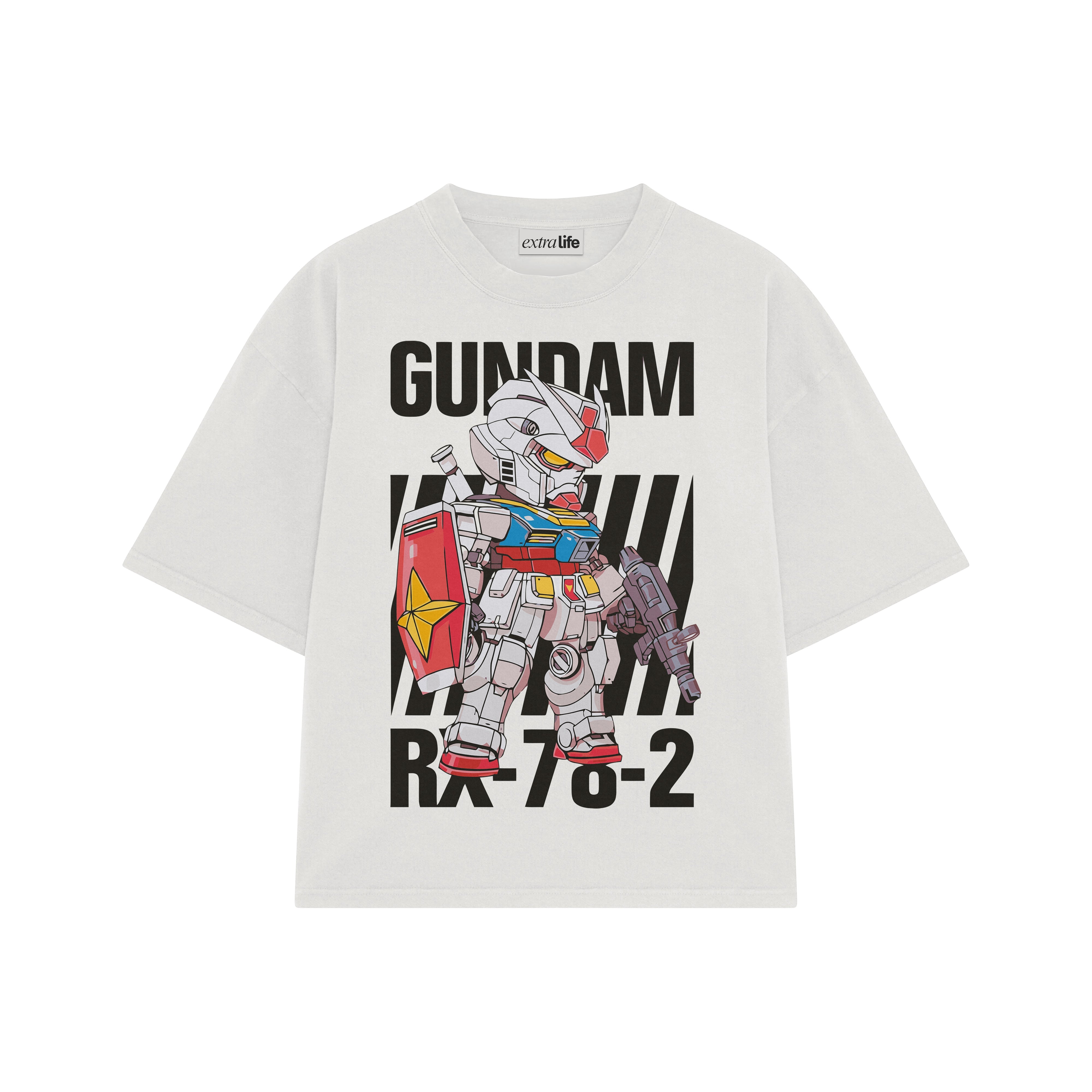 Playera streetwear premium de anime y gaming ExtraLife MX, corte boxy oversized drop shoulder heavyweight en color Deep Black y Off-White, moda urbana mexicana de culto.
