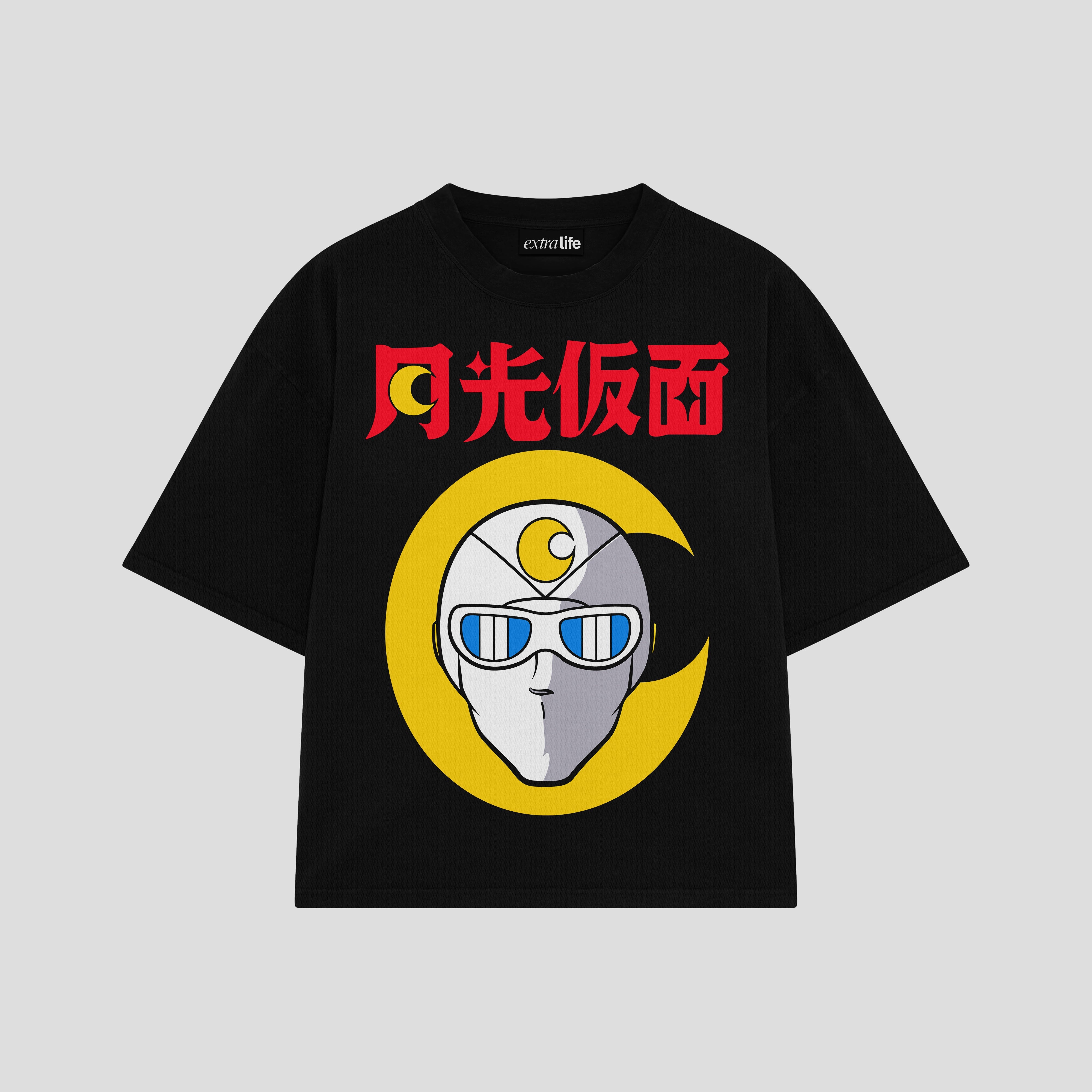 Playera streetwear premium de anime y gaming ExtraLife MX, corte boxy oversized drop shoulder heavyweight en color Deep Black y Off-White, moda urbana mexicana de culto.