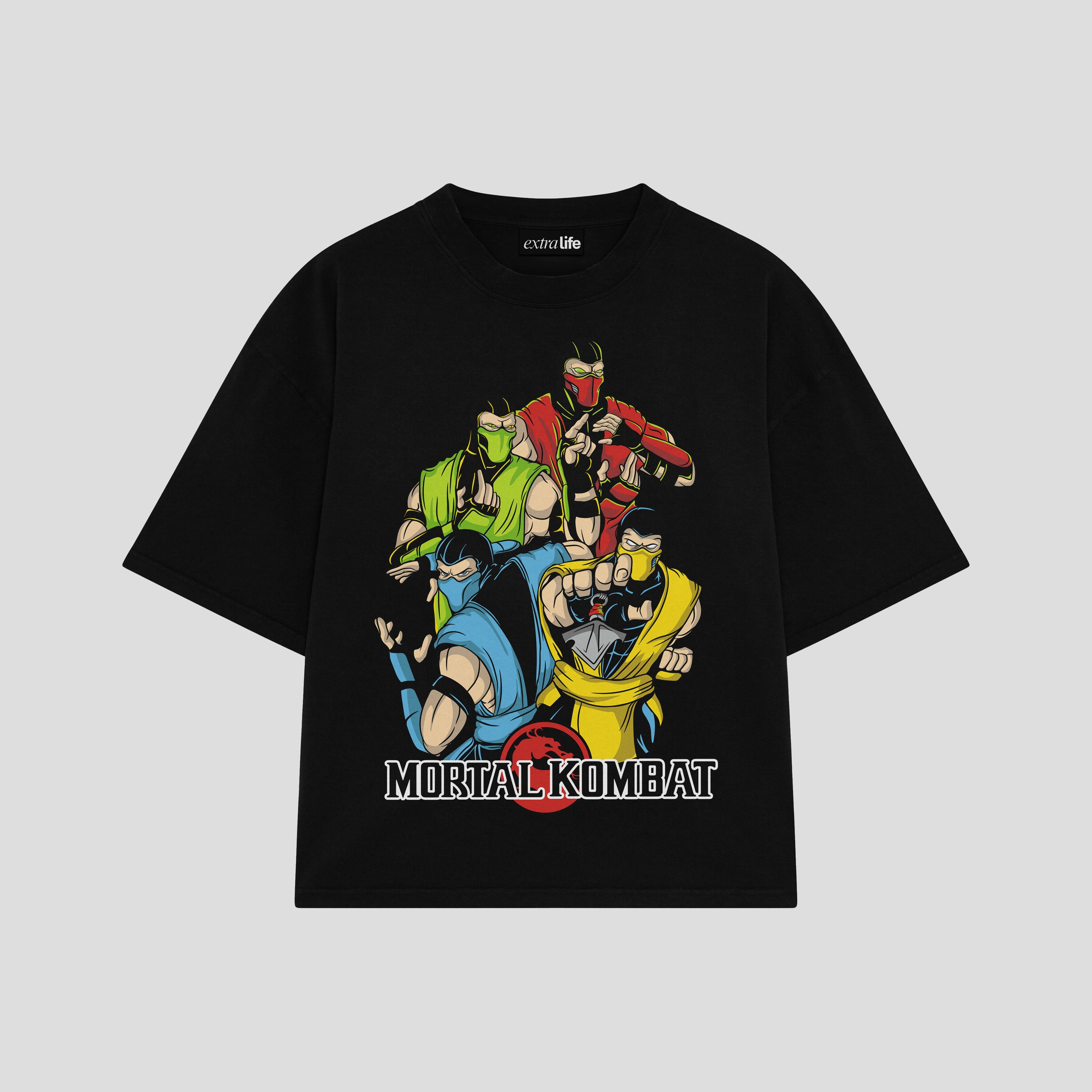 Playera streetwear premium de anime y gaming ExtraLife MX, corte boxy oversized drop shoulder heavyweight en color Deep Black y Off-White, moda urbana mexicana de culto.