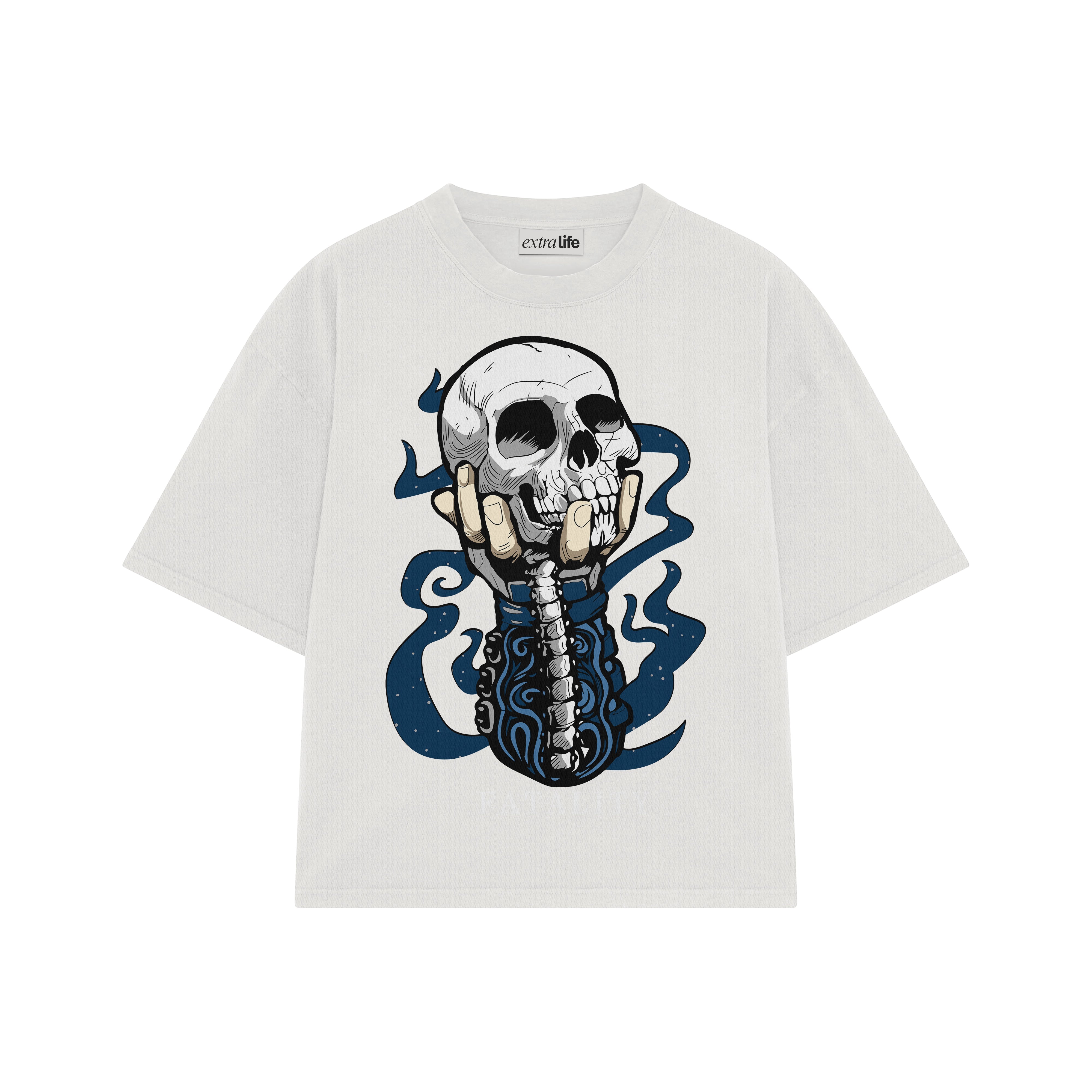 Playera streetwear premium de anime y gaming ExtraLife MX, corte boxy oversized drop shoulder heavyweight en color Deep Black y Off-White, moda urbana mexicana de culto.