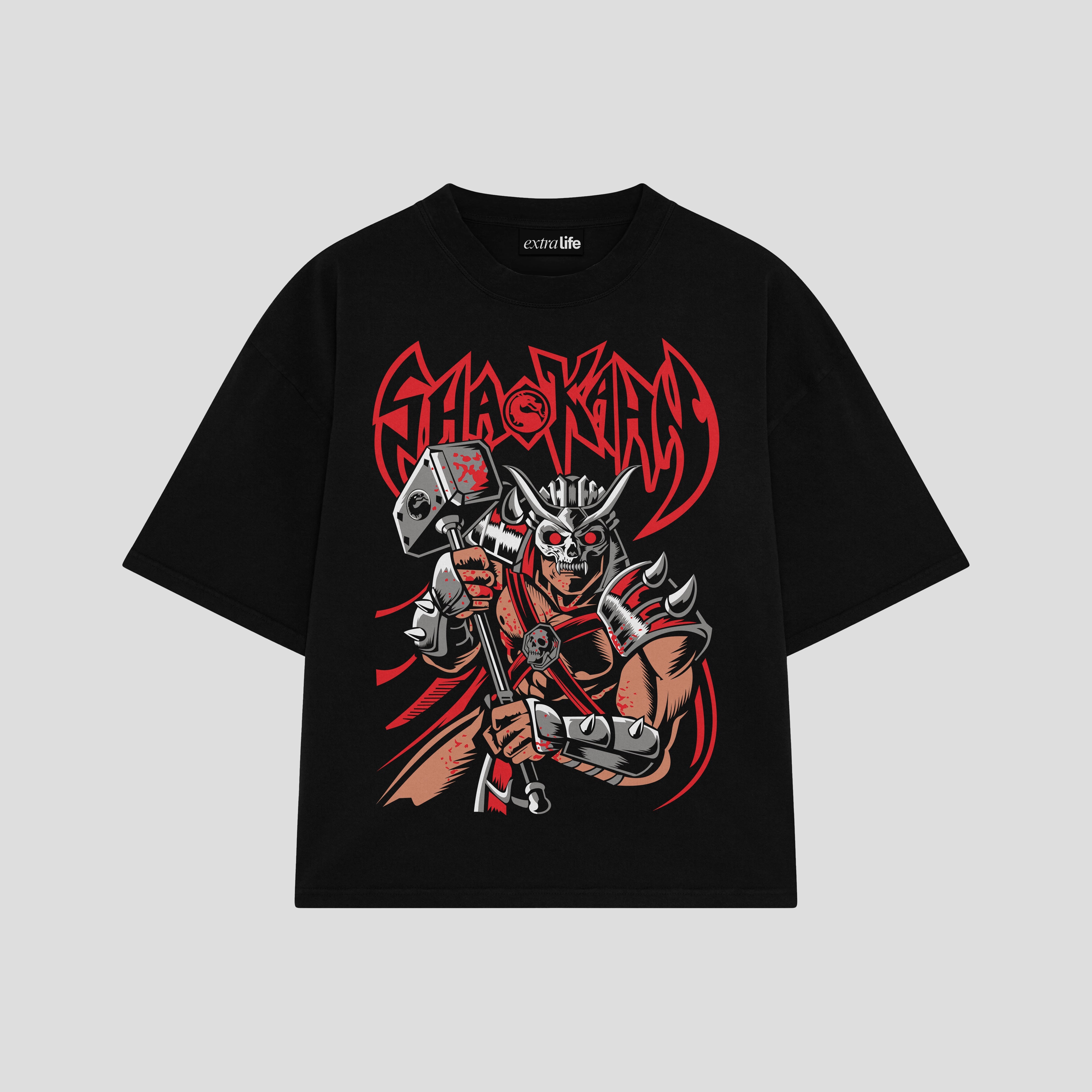 Playera streetwear premium de anime y gaming ExtraLife MX, corte boxy oversized drop shoulder heavyweight en color Deep Black y Off-White, moda urbana mexicana de culto.