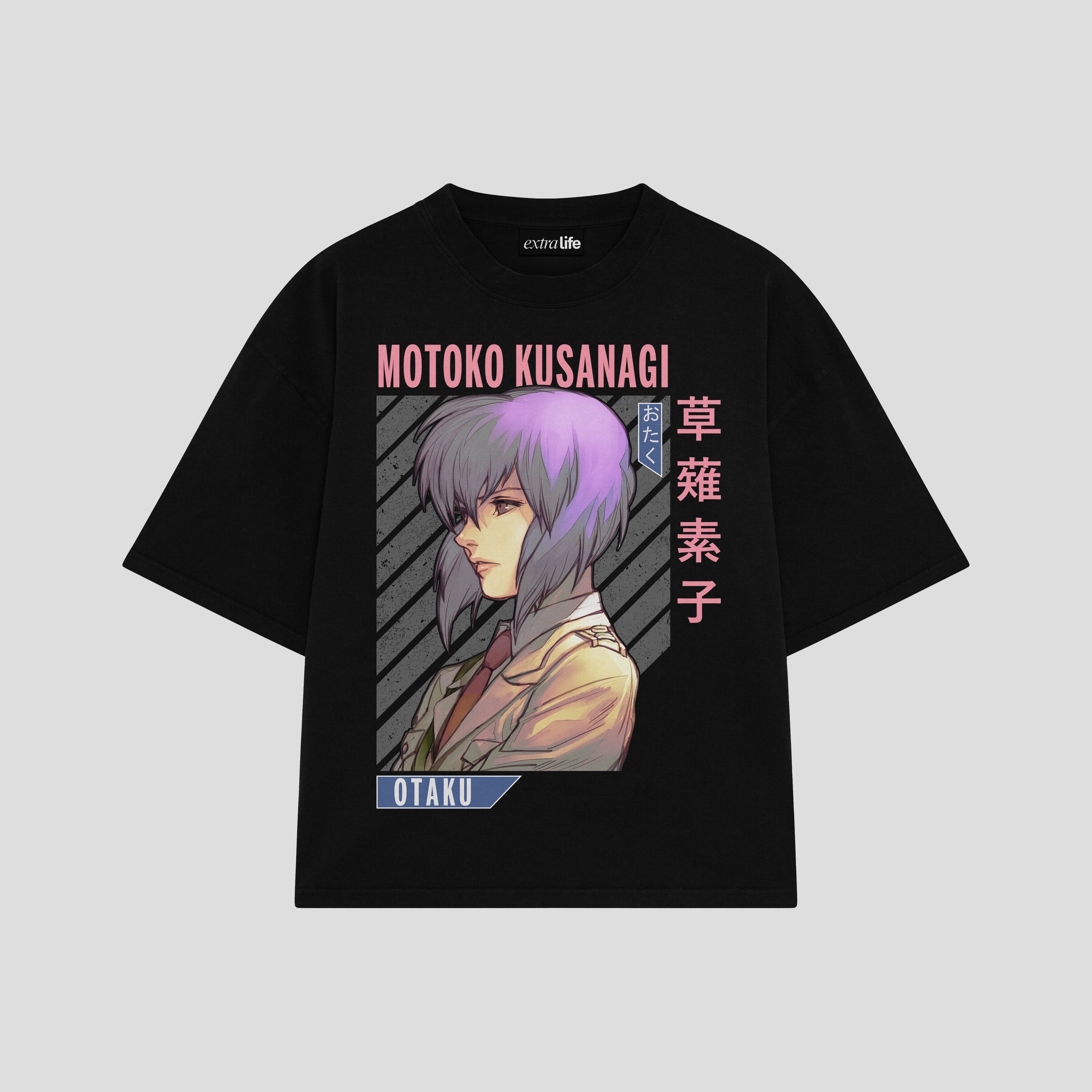 Playera streetwear premium de anime y gaming ExtraLife MX, corte boxy oversized drop shoulder heavyweight en color Deep Black y Off-White, moda urbana mexicana de culto.