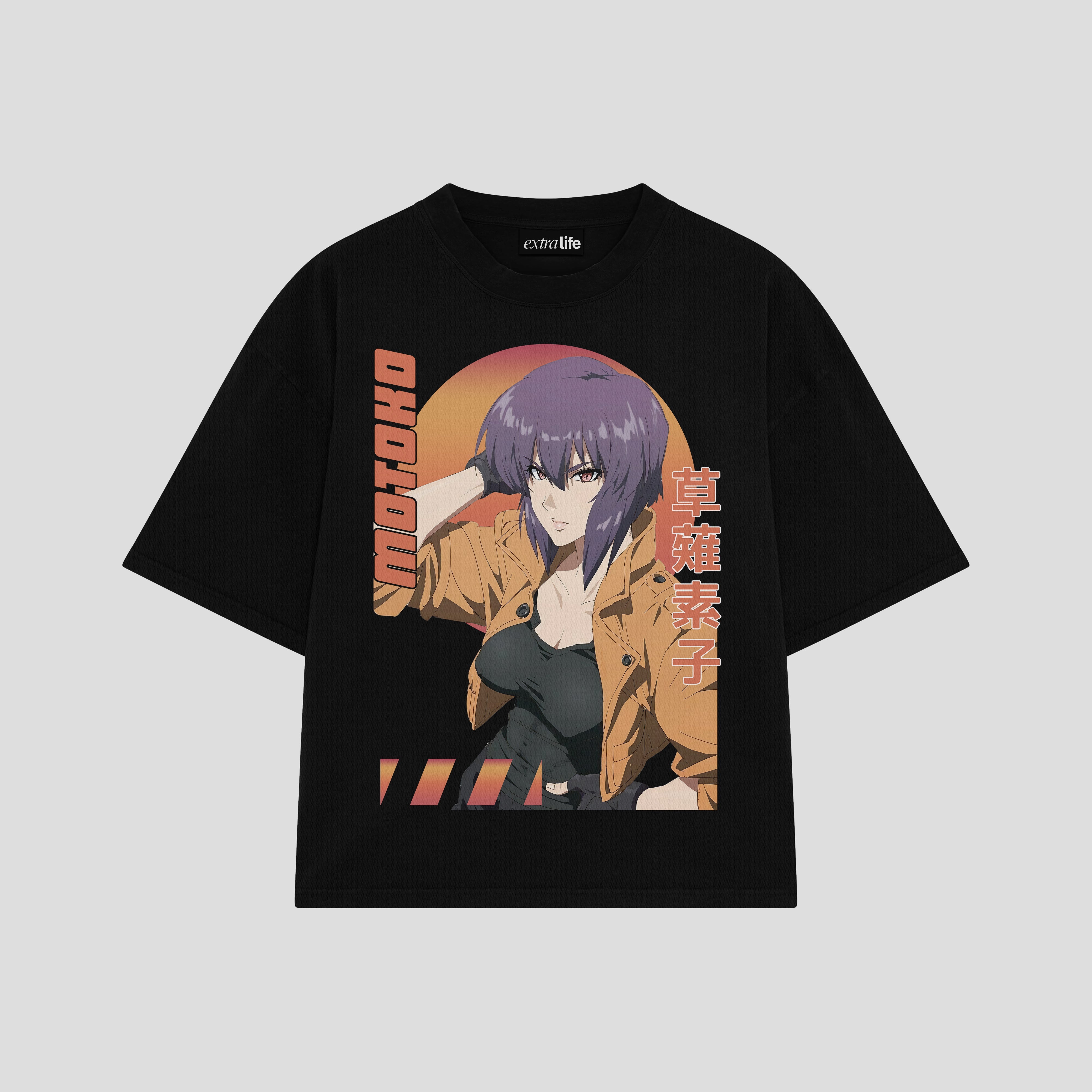 Playera streetwear premium de anime y gaming ExtraLife MX, corte boxy oversized drop shoulder heavyweight en color Deep Black y Off-White, moda urbana mexicana de culto.