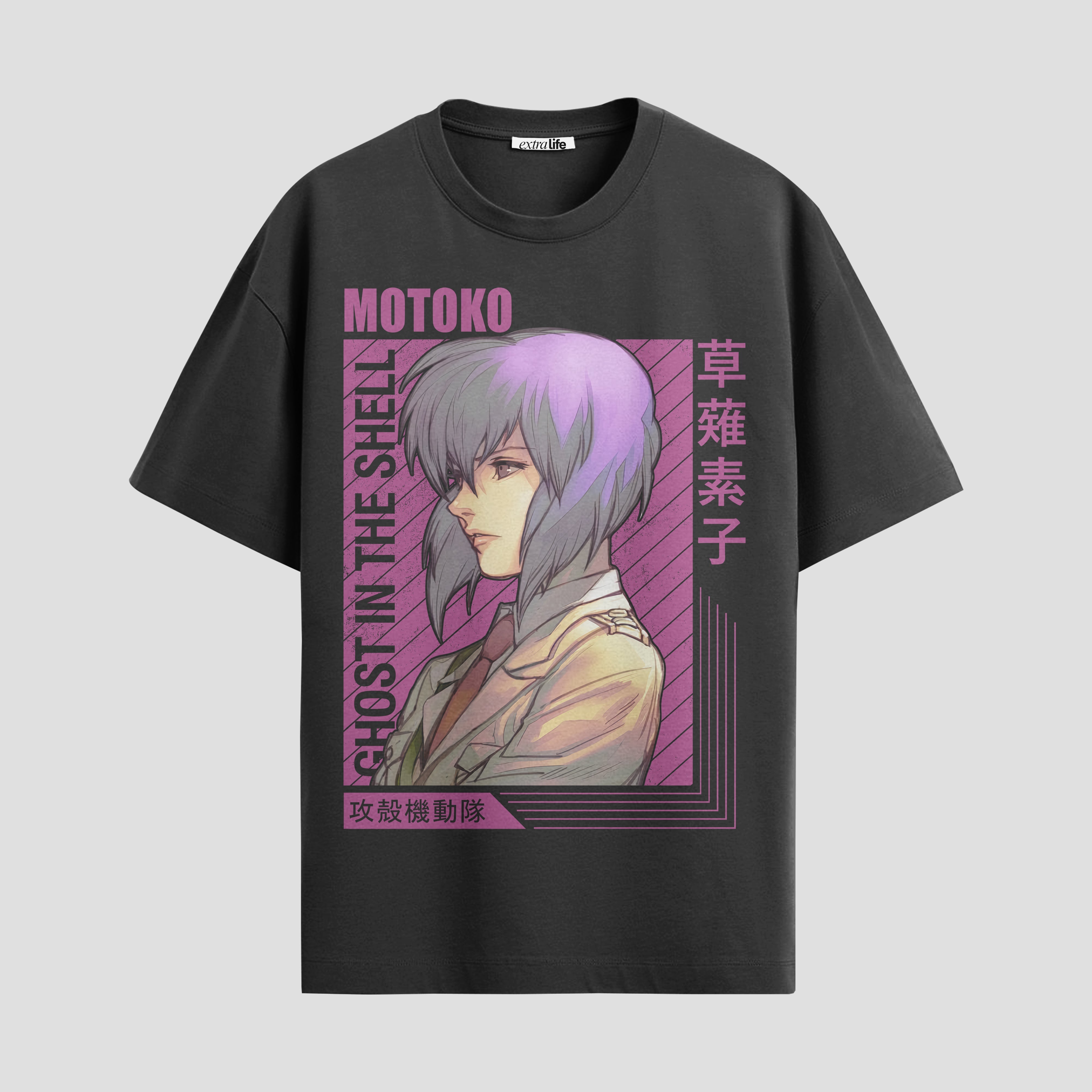 Playera urbana de anime y gaming ExtraLife MX, corte Standard Fit unisex ligero y transpirable en color Deep Black y Pure White, ropa de uso diario para gym y casual.