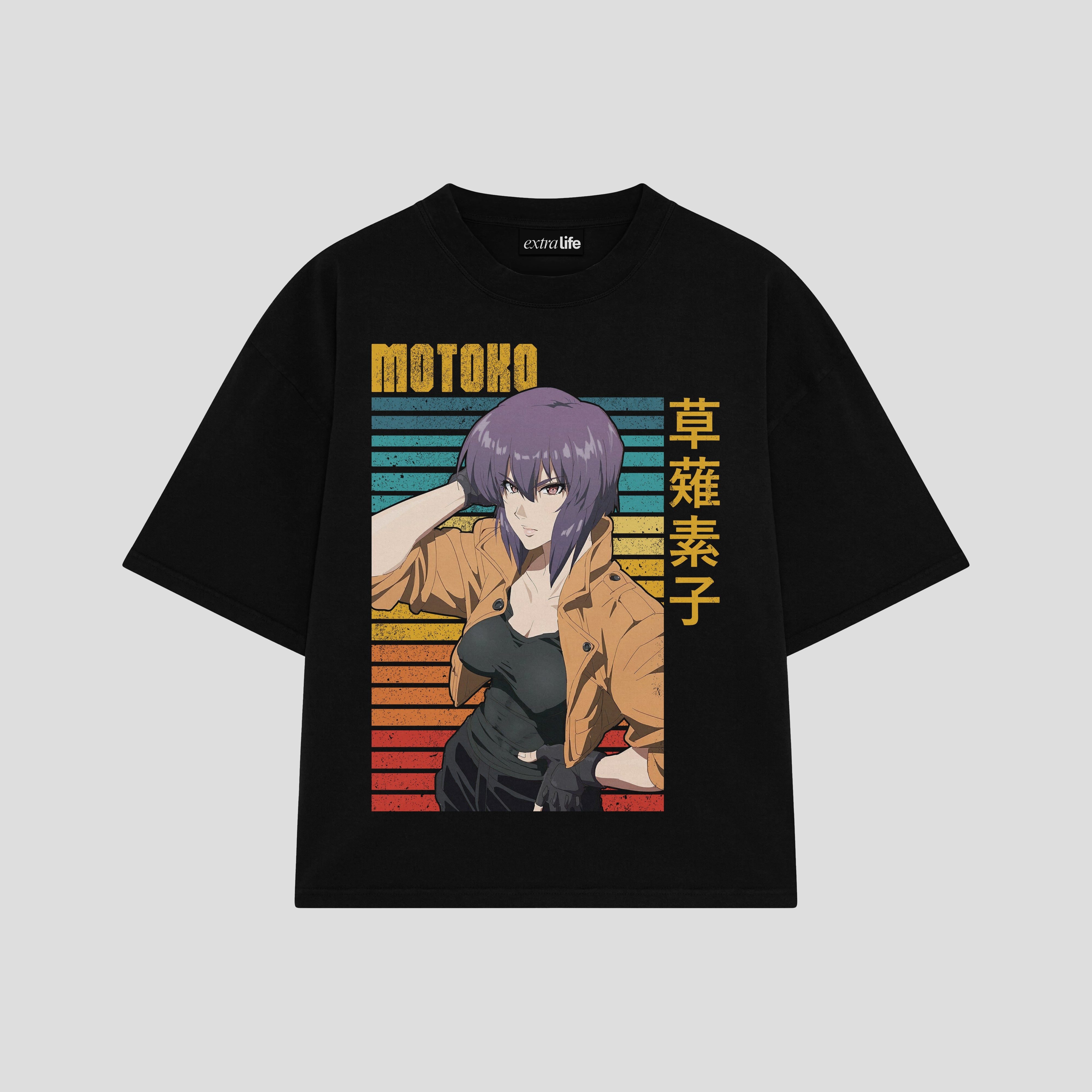 Playera streetwear premium de anime y gaming ExtraLife MX, corte boxy oversized drop shoulder heavyweight en color Deep Black y Off-White, moda urbana mexicana de culto.
