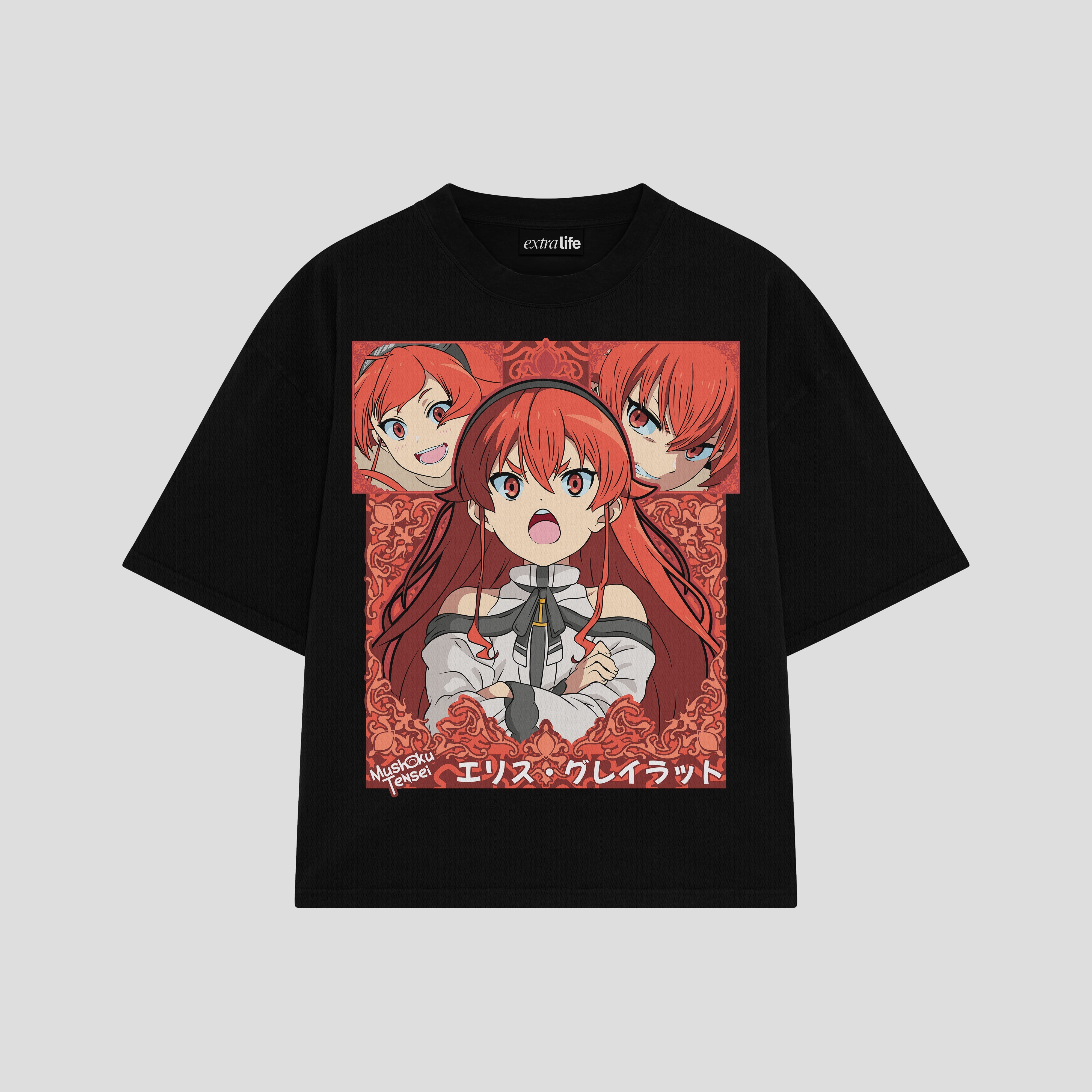 Playera streetwear premium de anime y gaming ExtraLife MX, corte boxy oversized drop shoulder heavyweight en color Deep Black y Off-White, moda urbana mexicana de culto.