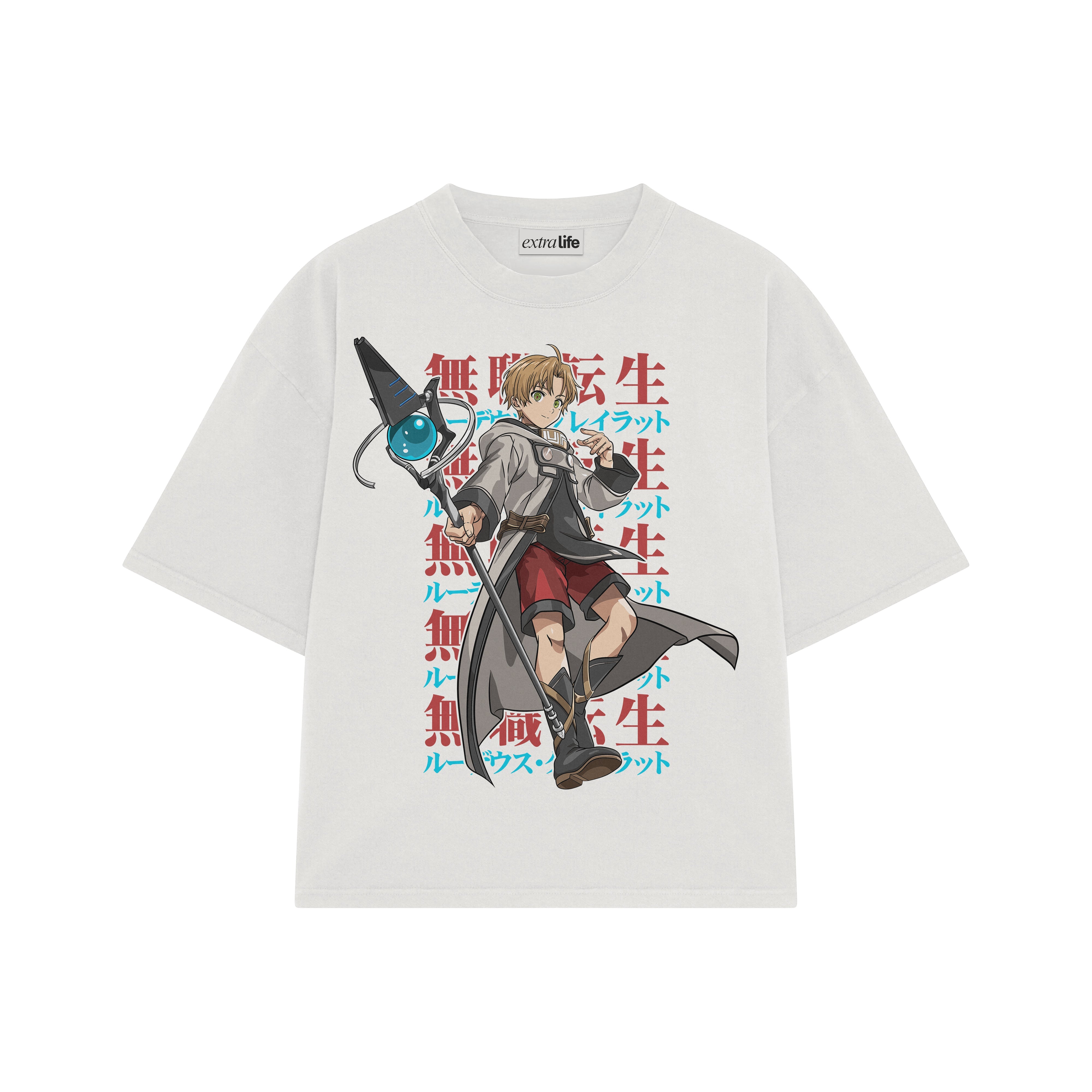 Playera streetwear premium de anime y gaming ExtraLife MX, corte boxy oversized drop shoulder heavyweight en color Deep Black y Off-White, moda urbana mexicana de culto.