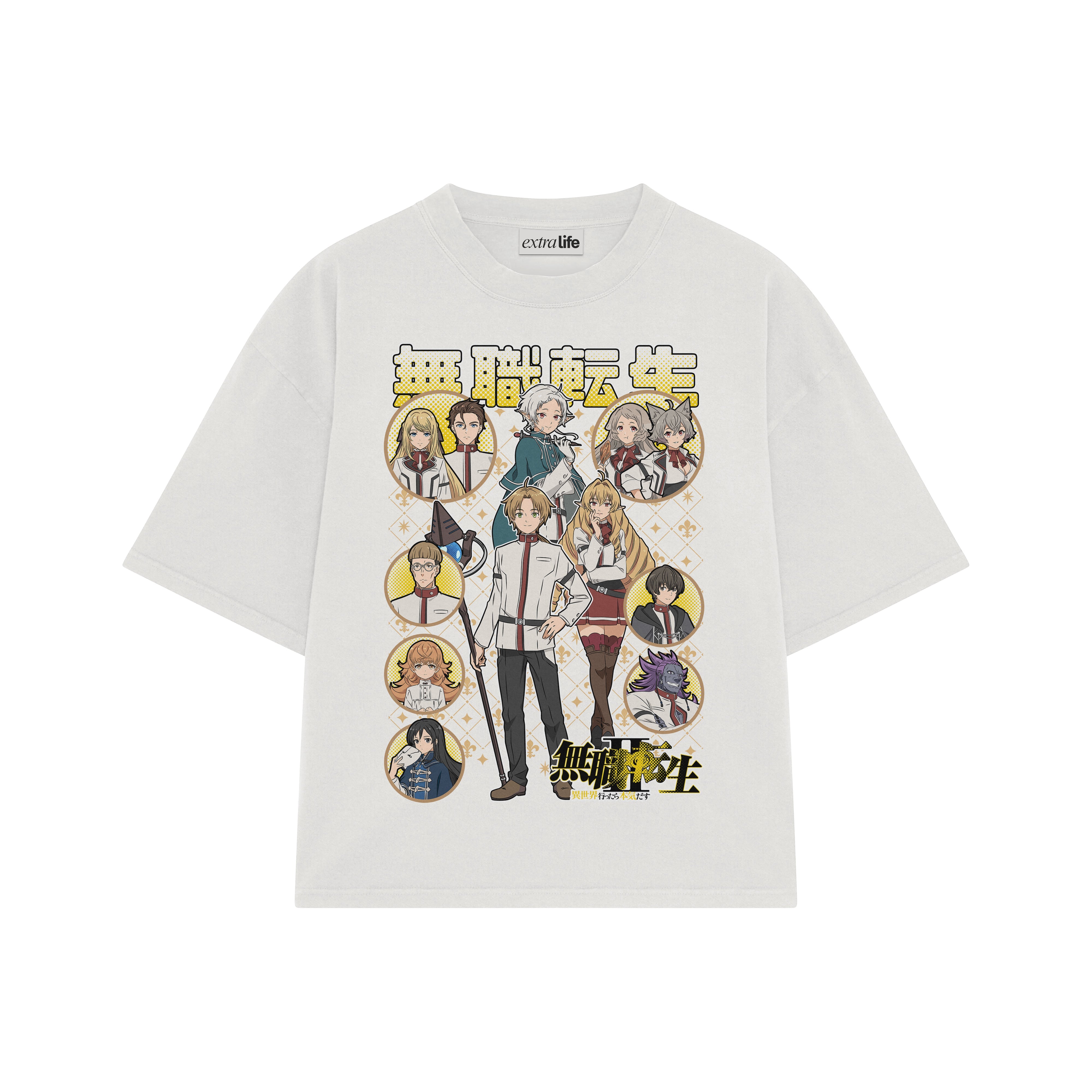 Playera streetwear premium de anime y gaming ExtraLife MX, corte boxy oversized drop shoulder heavyweight en color Deep Black y Off-White, moda urbana mexicana de culto.