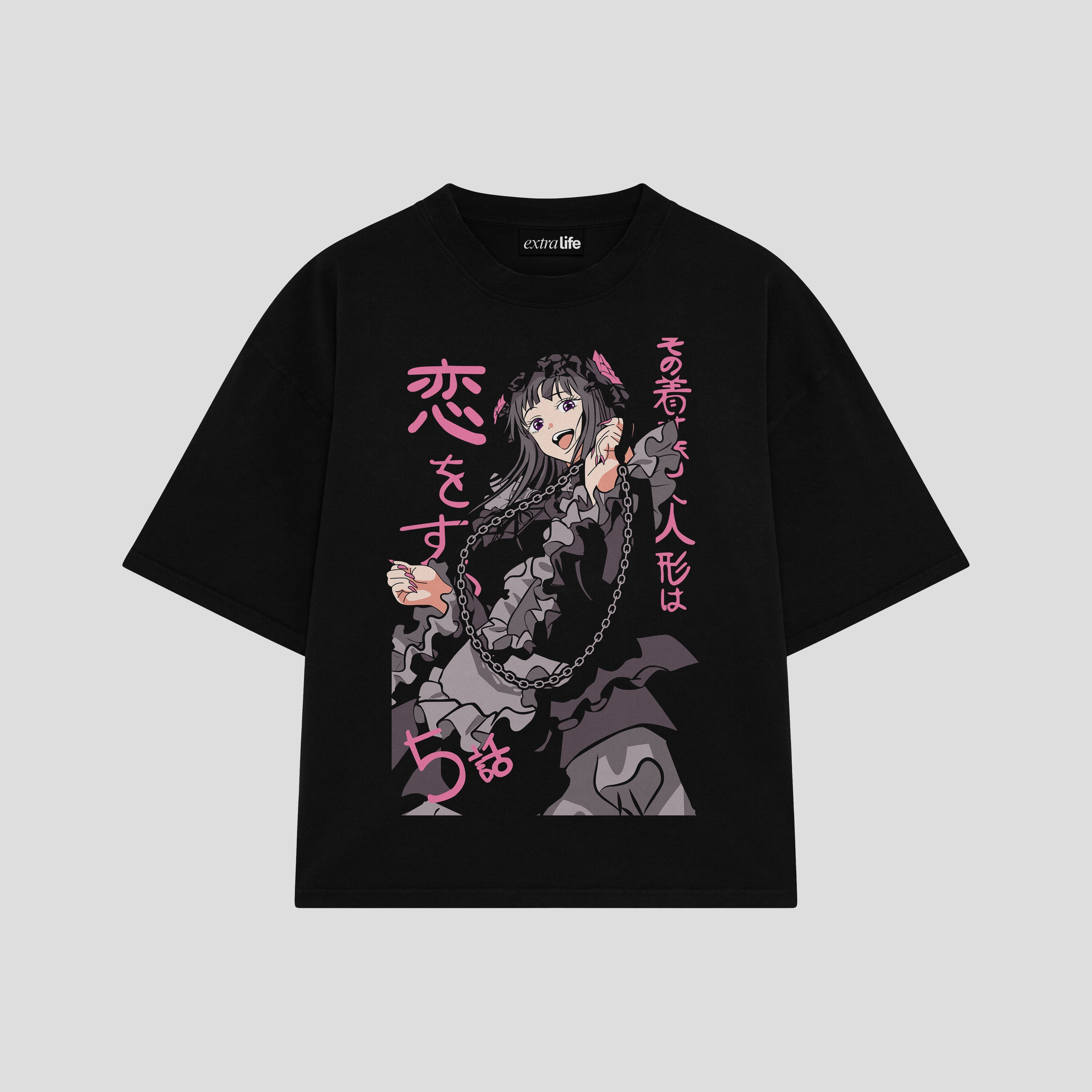 Playera streetwear premium de anime y gaming ExtraLife MX, corte boxy oversized drop shoulder heavyweight en color Deep Black y Off-White, moda urbana mexicana de culto.