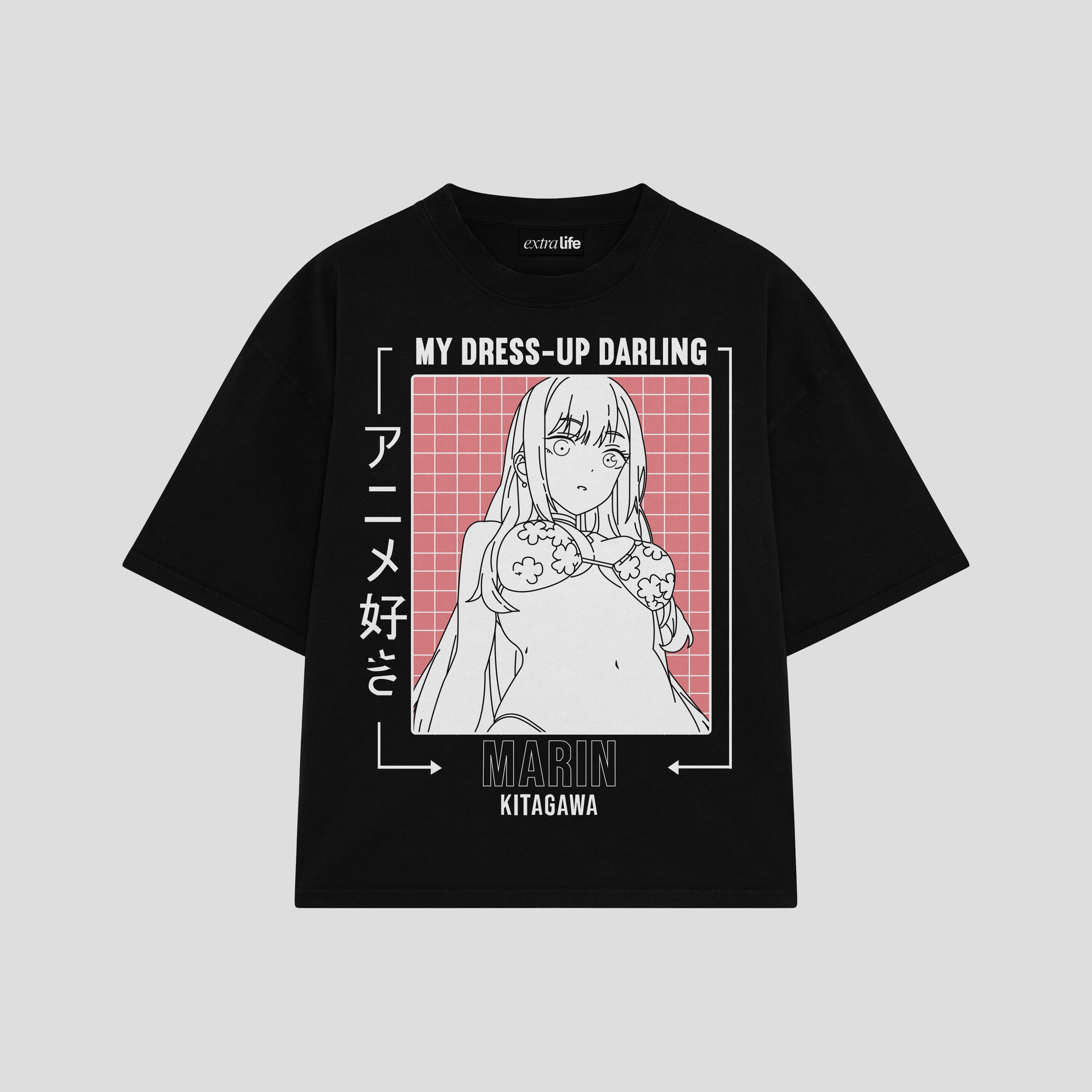 Playera streetwear premium de anime y gaming ExtraLife MX, corte boxy oversized drop shoulder heavyweight en color Deep Black y Off-White, moda urbana mexicana de culto.